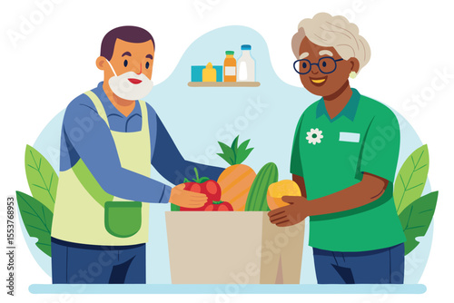 Volunteer assists senior with groceries in community service activity promoting companionship and support for elderly individuals