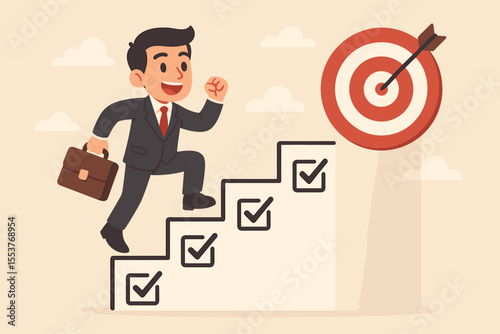 Ambitious businessman climbing success steps with checklist, briefcase and target, symbolizing goal achievement, task completion, career growth, motivation, business planning, vector illustration