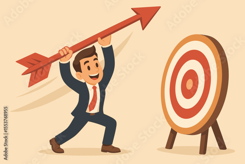 Businessman throwing giant arrow at target, symbolizing business goal achievement, success, leadership, ambition, motivation, strategy, cartoon vector illustration, career progress, aiming for success
