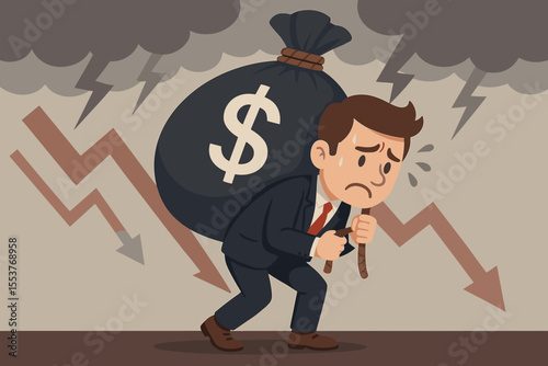 Stressed businessman carrying heavy debt burden, large money bag, financial crisis, economic downturn, falling graph, storm clouds, cartoon vector, business bankruptcy, money stress concept