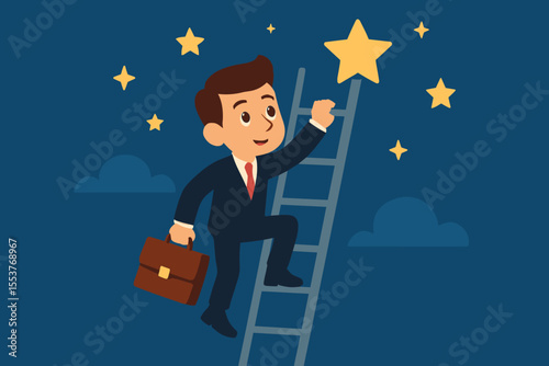 Ambitious businessman climbing ladder reaching for stars, achieving business goals, career success, leadership, ambition, opportunity, motivation, vector cartoon illustration, night sky concept