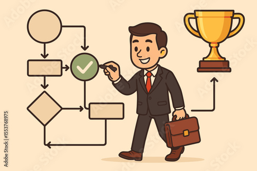Cartoon businessman completing workflow process with flowchart, achieving project goals, business success, task management, productivity, leadership, planning, trophy reward concept