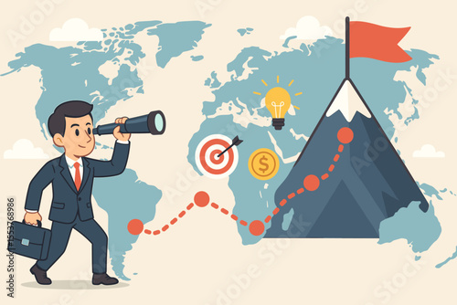 Businessman vision strategy leadership. Business goal achievement. Success journey. Career growth. Target, innovation, financial success. Mountain peak, world map, opportunity search, ambition concept