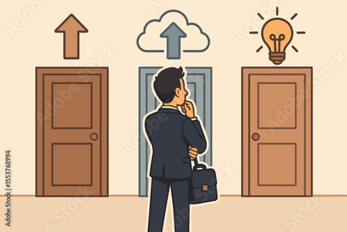 Businessman choosing career path at crossroads, contemplating multiple doors with arrows and lightbulb, decision making, opportunity, future choices, vector cartoon business concept illustration