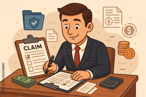Businessman filling out insurance claim form at office desk, financial reimbursement process, corporate policy paperwork, money compensation, cartoon vector illustration, finance concept