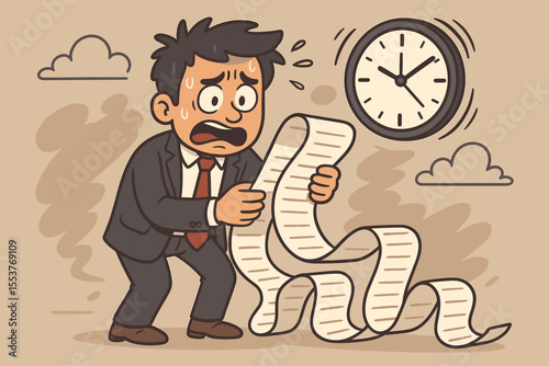Stressed businessman overwhelmed by long to-do list, struggling with time management, deadlines, multitasking, paperwork, productivity pressure. Cartoon vector illustration of work overload