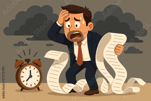 Stressed businessman overwhelmed by long to-do list, holding endless paper, struggling with time management, deadlines, anxiety, multitasking, alarm clock, stress at work, cartoon vector illustration