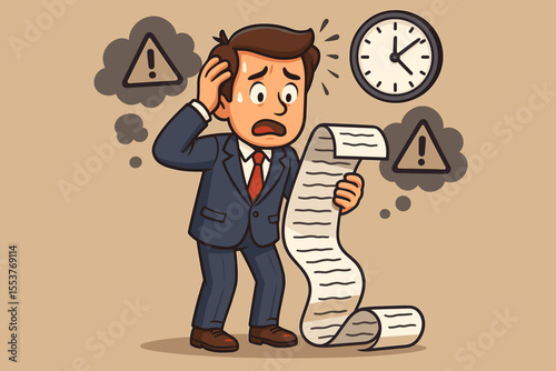 Stressed businessman overwhelmed by long to-do list, holding lengthy paper document, struggling with time management, deadline pressure, anxiety, cartoon vector illustration, office stress concept