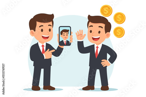 Businessman referral program concept, cartoon vector illustration. Affiliate marketing, earning rewards, inviting friend via smartphone, business partnership, digital promotion, money bonus