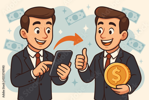 Cartoon businessmen in suits using smartphone for referral, affiliate marketing, earning rewards, online money transfer, digital payment, financial bonus, business partnership, cash incentive concept