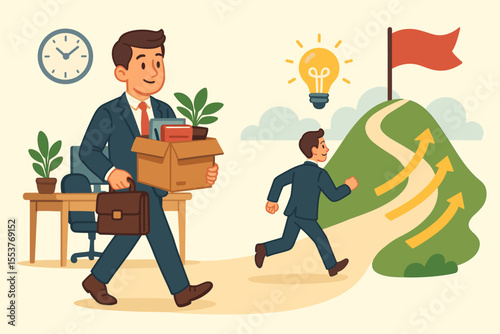 Businessman quitting job for entrepreneurship, career change, personal growth, new business startup journey, opportunity, success path, goal achievement, motivation, vector illustration