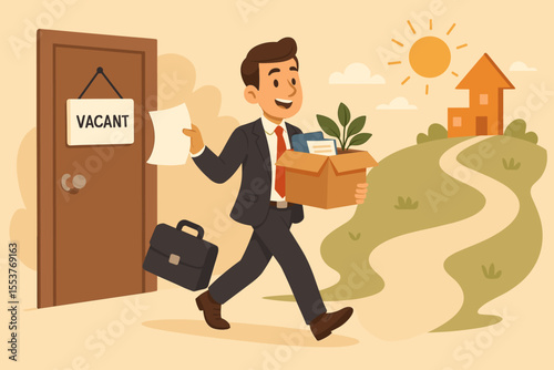 Businessman quitting job leaving office with box of belongings, career change, entrepreneurship, starting own business, personal growth, new opportunity, vector cartoon illustration, vacant sign