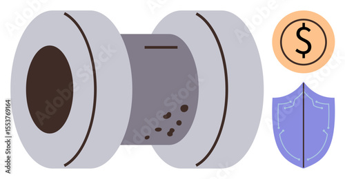 Industrial roller with rust patches, accompanied by shield and dollar icons symbolizing care, cost management, durability, and risk prevention. Ideal for industry, manufacturing, maintenance