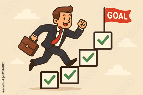 Ambitious businessman running up completed checklist steps toward red goal flag, symbolizing project management, task completion, career progress, success, achievement, motivation, vector cartoon