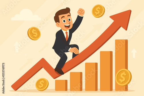 Businessman climbing rising financial growth chart, success in investment, profit increase, economic progress, upward arrow, business achievement, revenue boost, cartoon vector illustration