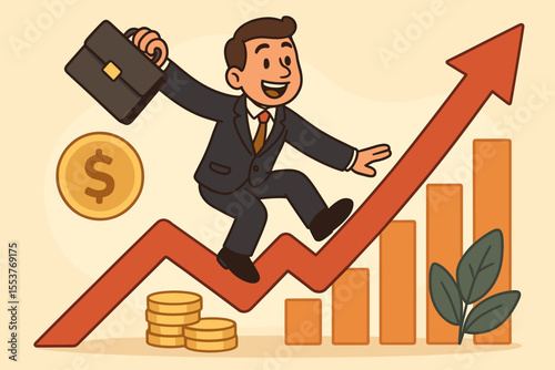 Cartoon businessman riding upward arrow on financial growth chart, increasing investment returns, profit, success, business development, money coins, economic progress, vector illustration