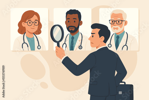 Businessman choosing medical specialist by examining doctor portraits with stethoscopes, healthcare decision, hospital consultation, medical professional selection, vector cartoon illustration