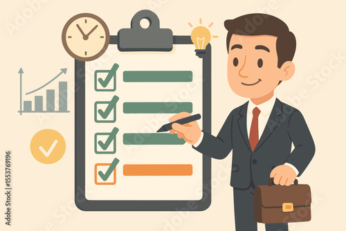 Businessman project management checklist progress. Cartoon office worker tracking tasks, productivity, time management, efficiency, business goals, planning, success, growth, strategy, briefcase