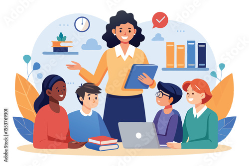 Engaging education session with diverse students learning from a facilitator using technology and resources in a collaborative environment
