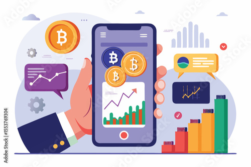 Holding a mobile phone showing a financial app with cryptocurrency data and investment trends in a modern setting