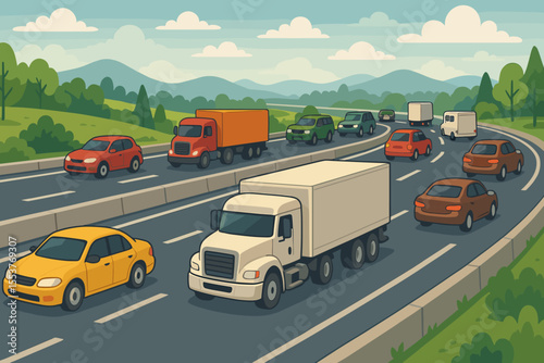 Cartoon highway traffic scene with cars, trucks, vehicles on road, transportation concept, busy freeway landscape, travel, logistics, delivery, commuting, countryside, vector illustration