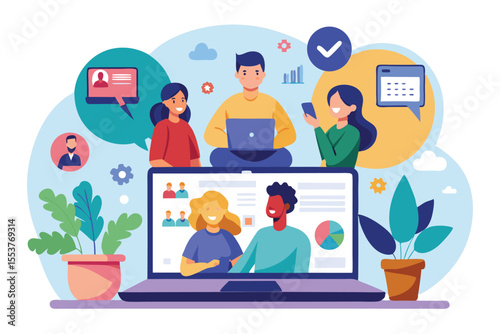 Engagement in online screen sharing during virtual collaboration with diverse participants displayed on a laptop
