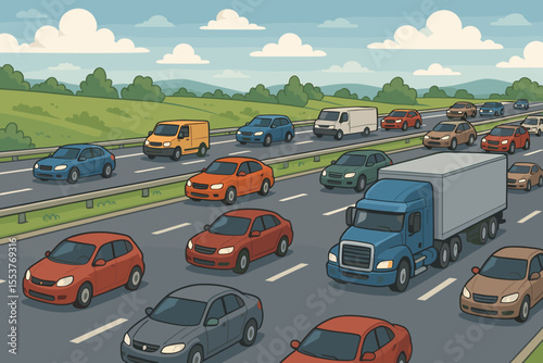 Cartoon highway traffic jam with cars, trucks, vans on multi-lane road, countryside landscape, transportation congestion, travel, logistics, delivery, commuting, vector illustration, no text