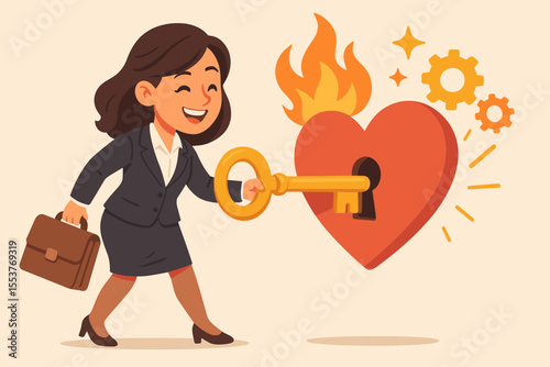 Businesswoman unlocking heart with golden key. Passion, motivation, inspiration, business success, leadership, empowerment, ambition. Burning heart, gears, briefcase. Vector cartoon illustration.