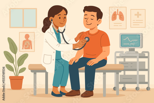 Doctor using stethoscope to examine patient during medical checkup in clinic. Healthcare consultation, physician diagnosis, routine health assessment. Modern hospital interior vector illustration