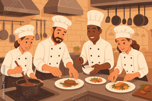 Professional chefs teamwork in restaurant kitchen preparing gourmet dishes. Culinary team cooking, plating food, collaborating, wearing uniforms, chef hats. Modern kitchen vector illustration