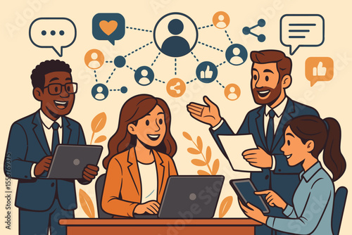 Diverse business team collaborating with digital devices, social network icons, teamwork, online communication, productivity, office meeting, modern workplace, vector illustration