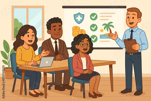 Diverse business team discussing employee benefits package in office meeting. Cartoon vector illustration of workplace presentation, teamwork, health insurance, vacation, financial planning