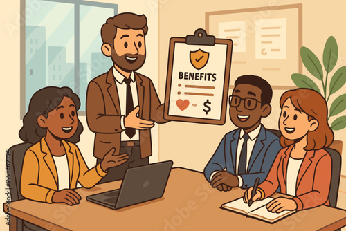 Diverse business team discussing employee benefits package in modern office meeting, corporate staff collaboration, workplace perks, human resources strategy, cartoon vector illustration