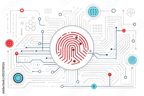 Innovative security design featuring a fingerprint surrounded by circuit lines and technology icons on a white background