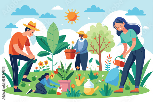 Gardening activities in spring with men and women planting flowers and vegetables in a vibrant community garden under a sunny sky