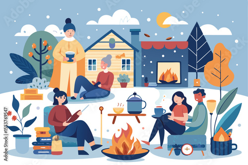Hygge lifestyle illustration capturing cozy moments in a snow-covered setting with friends enjoying warmth and relaxation by the fire