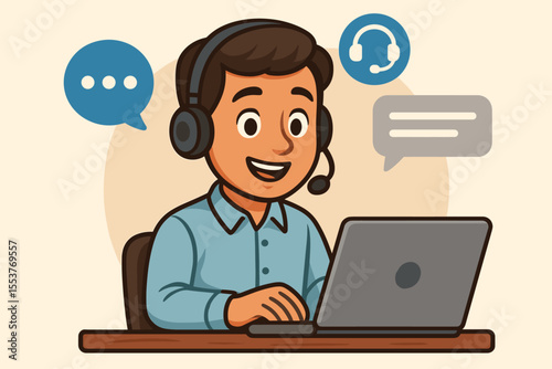 Customer service representative at desk with headset providing online chat support. Vector cartoon illustration of remote technical support agent, call center operator, digital communication concept