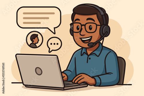 Customer service representative providing online chat support. Vector cartoon illustration of remote technical help desk agent with headset, laptop, speech bubbles, virtual communication workspace