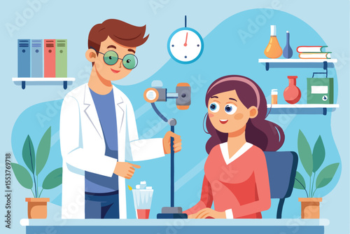 Optometrist examines woman with eye disease diagnosis in a modern clinic setting during a routine check-up