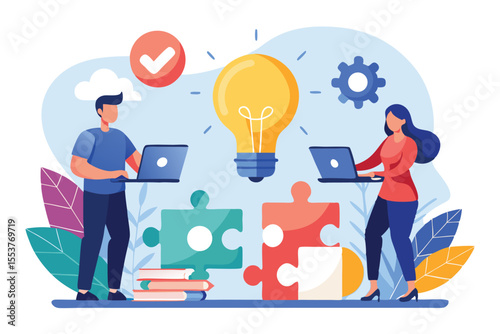 Business professionals collaborating online to find innovative solutions while working on laptops surrounded by creative elements and ideas