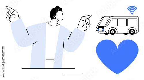 Person pointing at a wireless-enabled bus and blue heart icon, representing innovation, technology, connectivity, mobility, community well-being, public transport, simple landing page