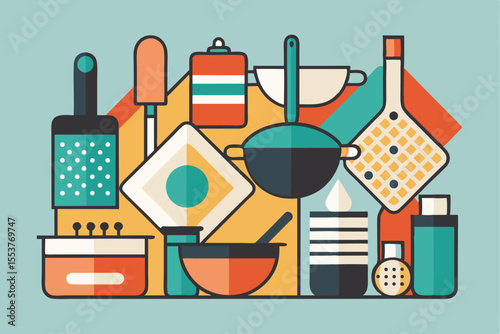Colorful vector illustration of diverse kitchen utensils arranged in a flat geometric style for modern cooking environments