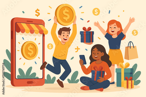 Happy customers celebrating online shopping rewards, cashback bonuses, loyalty gifts, mobile app purchases, festive presents, digital coins, e-commerce discounts, and gift boxes illustration