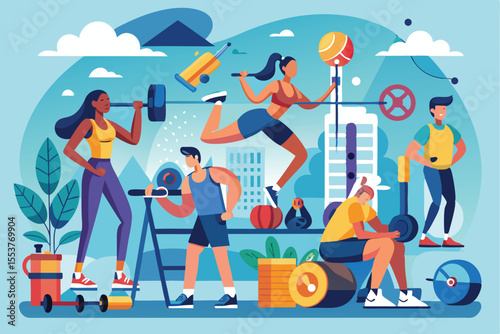 Vector collection of people engaged in various fitness activities at a modern gym promoting health and wellness