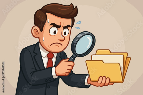 Businessman Searching Files with Magnifying Glass. Data Analysis, Investigation, Audit, Document Review, Information Search, Office Folders, Research Process, Business Challenge Vector Illustration