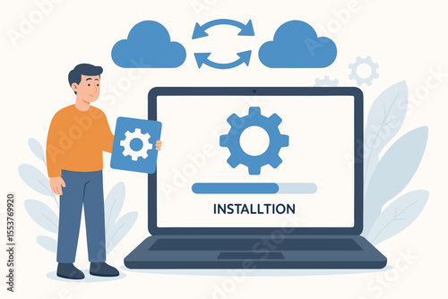 Software installation progress, data synchronization, cloud computing update, system setup process, digital gear icon, laptop interface, cartoon vector illustration, technology concept