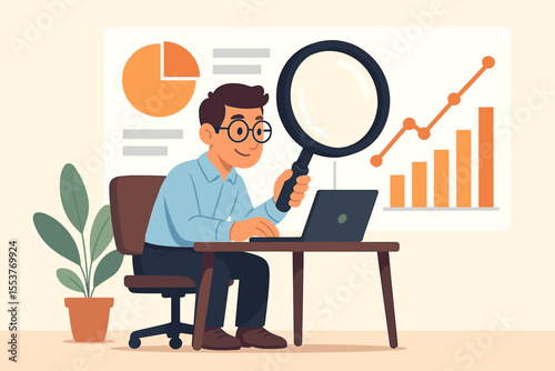 Business Analyst Examining Financial Data Metrics with Magnifying Glass, Analyzing Growth Charts, Graphs, and Reports, Office Workspace, Vector Illustration, Data Analysis Concept