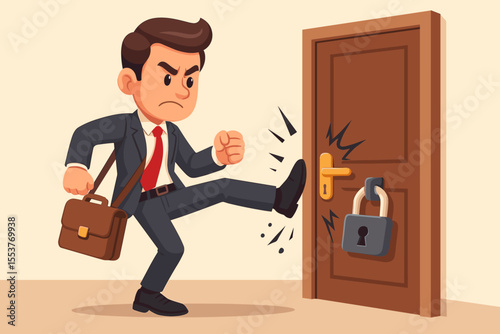 Determined businessman breaking through locked door, overcoming obstacles, business challenge, persistence, success, cartoon vector illustration, leadership, motivation, problem solving concept