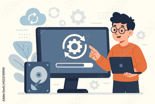 System update process concept. Data synchronization, installation progress, software upgrade, hard drive backup, cloud computing, user managing settings, gear icon, vector illustration