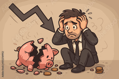 Stressed businessman in suit holding head, broken piggy bank with falling coins, downward arrow, financial crisis, bankruptcy, debt, economic loss, savings failure, money problems, vector illustration